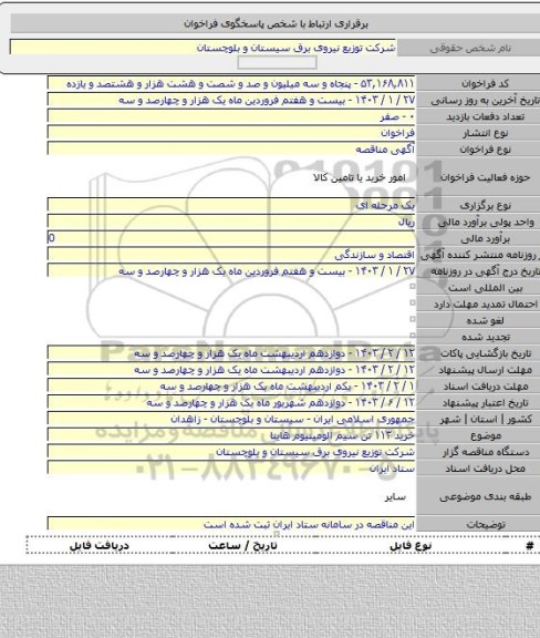 مناقصه, خرید ۱۱۳ تن  سیم الومینیوم هاینا