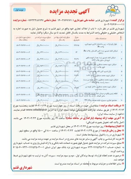 تجدید مزایده واگذاری 10 باب از املاک تجاری 