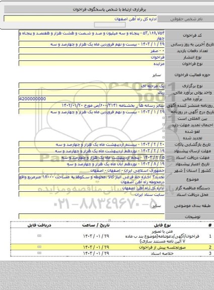 مزایده, تجدید۳ اجاره خط فرعی انبار کالا ،محوطه و سکوها  به مساحت ۱۸۰۰۰ مترمربع واقع درمحوطه راه آهن اصفهان