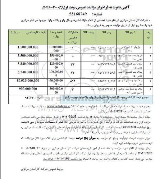 مزایده عمومی فروش تعدادی از اقلام مازاد (شیرهای بال ولو و پلاگ ولو) 