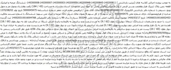 آگهی مزایده  ششدانگ عرصه و اعیانیک قطعه زمین پلاک ثبتییک هزار وهفتصد وسی فرعی از پانزده اصلی