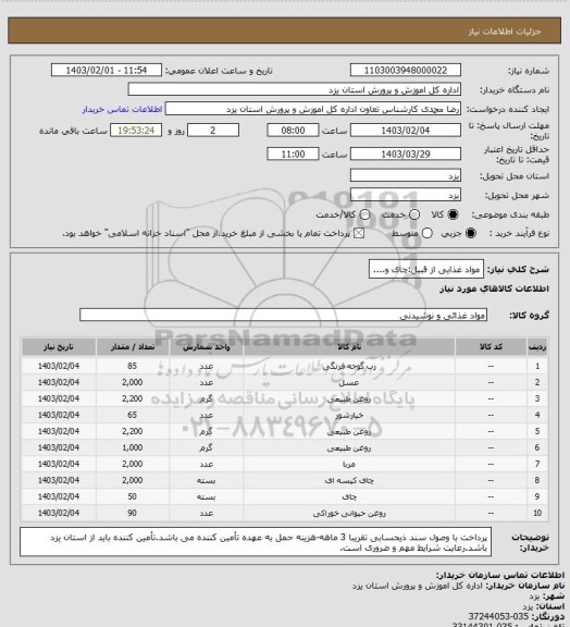 استعلام مواد غذایی از قبیل:چای و....