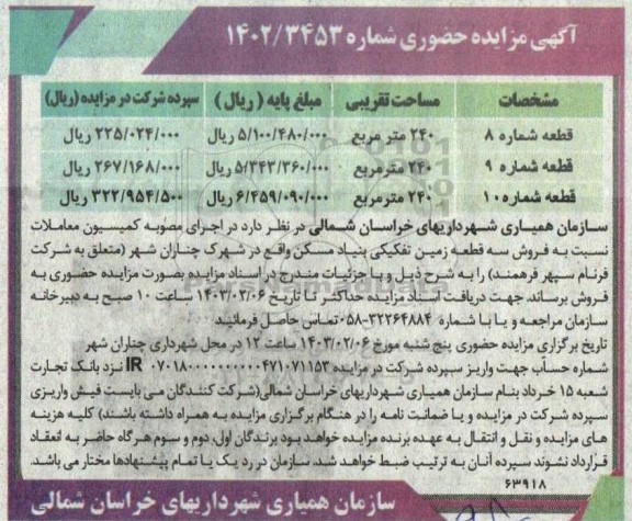 مزایده فروش سه قطعه زمین تفکیکی