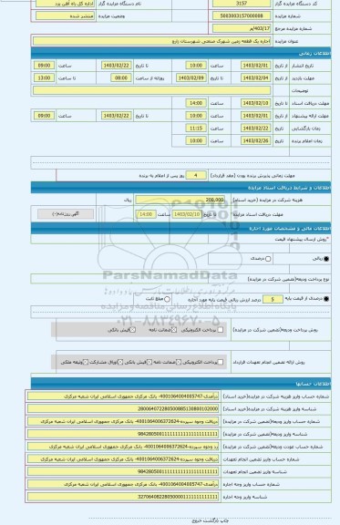 مزایده ، اجاره یک قطعه زمین شهرک صنعتی شهرستان زارچ