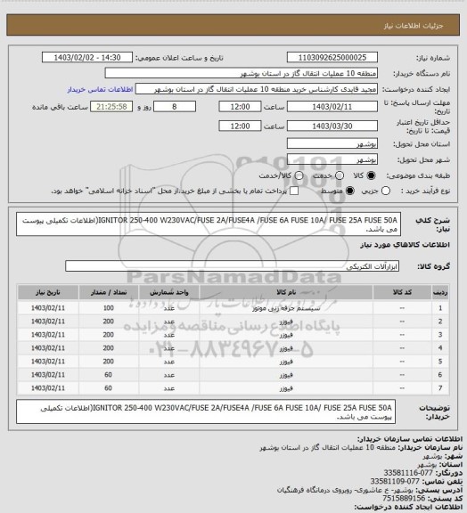 استعلام IGNITOR 250-400 W230VAC/FUSE 2A/FUSE4A /FUSE  6A  FUSE 10A/ FUSE  25A FUSE  50A(اطلاعات تکمیلی پیوست می باشد.