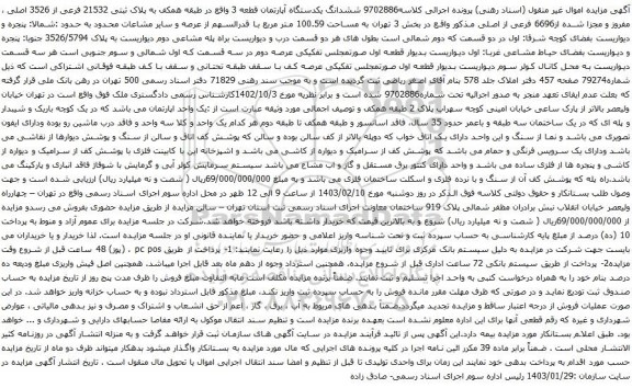 آگهی مزایده ششدانگ یکدستگاه آپارتمان قطعه 3 واقع در طبقه همکف به پلاک ثبتی 21532 فرعی از 3526 اصلی