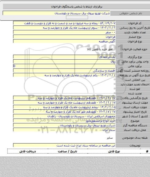 مناقصه, خرید انواع ترانسفورماتور