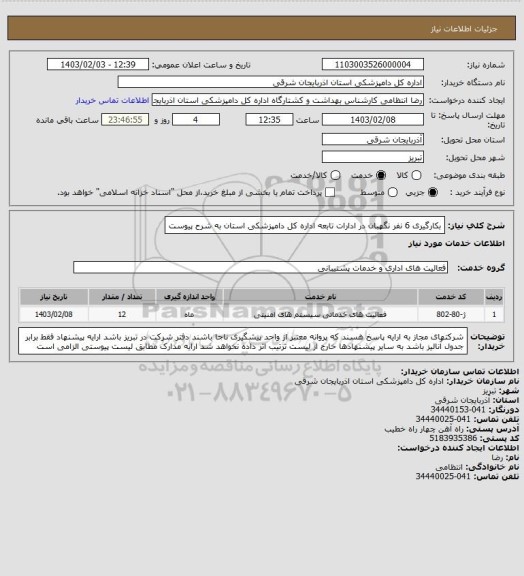 استعلام بکارگیری 6 نفر نگهبان در ادارات تابعه اداره کل دامپزشکی استان به شرح پیوست