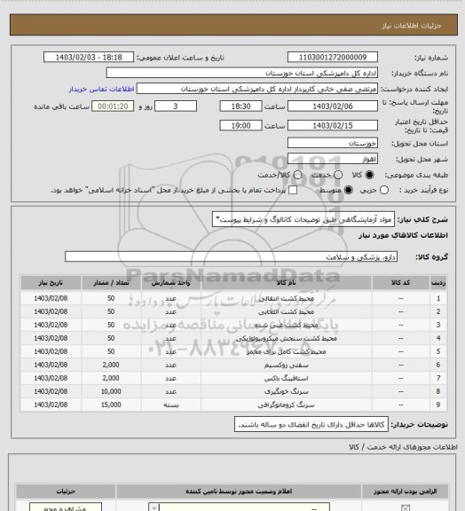 استعلام مواد آزمایشگاهی طبق توضیحات کاتالوگ و شرایط پیوست*