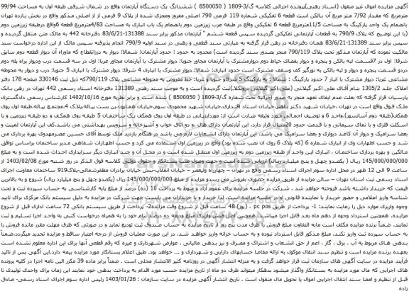 آگهی مزایده ششدانگ یک دستگاه آپارتمان واقع در شمال شرقی طبقه اول به مساحت 99/94 مترمربع 