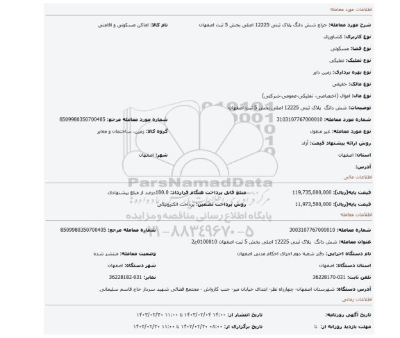 شش دانگ  پلاک ثبتی 12225 اصلی بخش 5 ثبت اصفهان