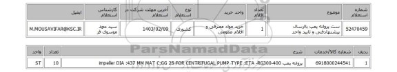 استعلام، ست پروانه پمپ باارسال پیشنهادفنی و تایید واحد