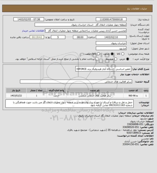 استعلام تعمیر اساسی دستگاه آچار هیدرولیک برند HIFORCE