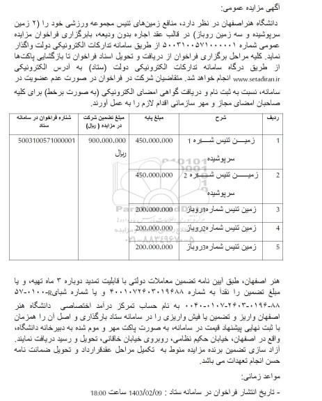 مزایده منافع زمین های تنیس مجموعه ورزشی 