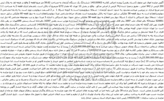 آگهی مزایده ششدانگ یک دستگاه آپارتمان به مساحت 59.62 متر مربع قطعه 2 واقع در طبقه اول به پلاک ثبتی 200 فرعی از 942 اصلی