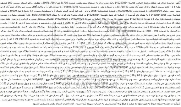 آگهی مزایده ششدانگ عرصه و اعیان پلاک ثبتی 12101 ( دوازده هزار و یکصد و یک ) فرعی از 7645 