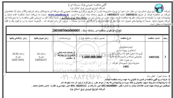 مناقصه انجام فعالیتهای اصلاح و بهینه سازی ...