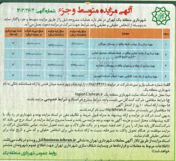 مزایده متوسط و جزء بهره برداری از دو باب غرفه واقع در بوستان مهرگان و ... 