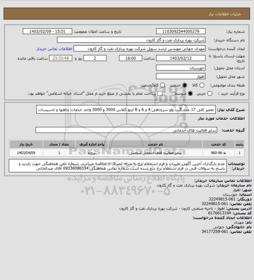 استعلام تعمیر کلی 17 عدد گیت ولو سرچاهی 4 و 6 و 8 اینچ کلاس 3000 و 5000 واحد خدمات چاهها و تاسیسات