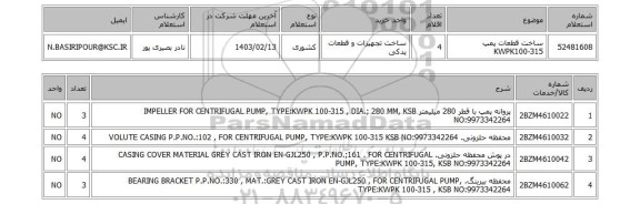 استعلام، ساخت قطعات پمپ KWPK100-315