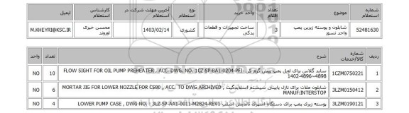 استعلام، شابلون و پوسته زیرین پمپ واحد نسوز