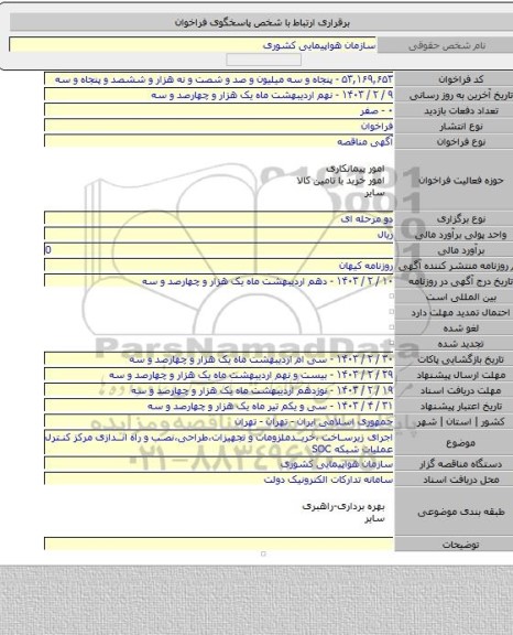 مناقصه, اجرای زیرساخت ،خریدملزومات و تجهیزات،طراحی،نصب و راه اندازی مرکز کنترل عملیات شبکه SOC