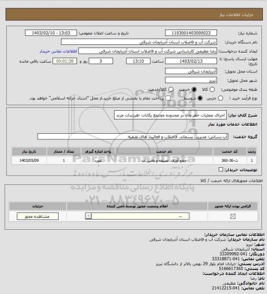 استعلام اجرای عملیات حفر چاه در محدوده مجتمع یکانات -هرزندات مرند