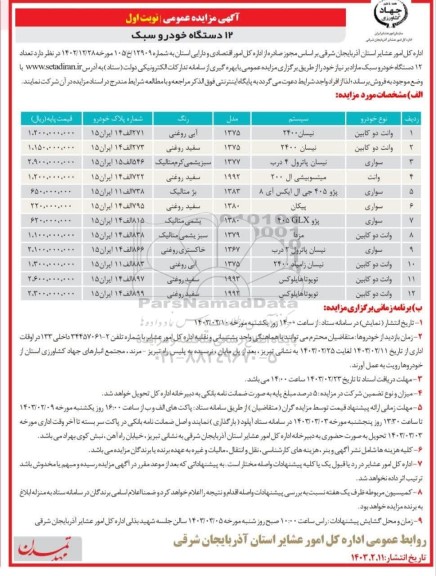 آگهی مزایده عمومی   12 دستگاه خودرو سبک