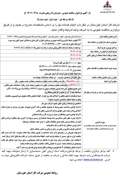 مناقصه عمومی33 کیلومتر شبکه گذاری پراکنده شهری و روستایی...