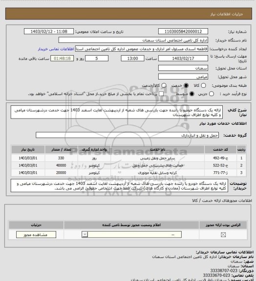 استعلام ارائه یک دستگاه خودرو با راننده جهت بازرسی های شعبه از اردیبهشت لغایت اسفند 1403 جهت خدمت درشهرستان میامی و کلیه توابع اطزاف شهرستان