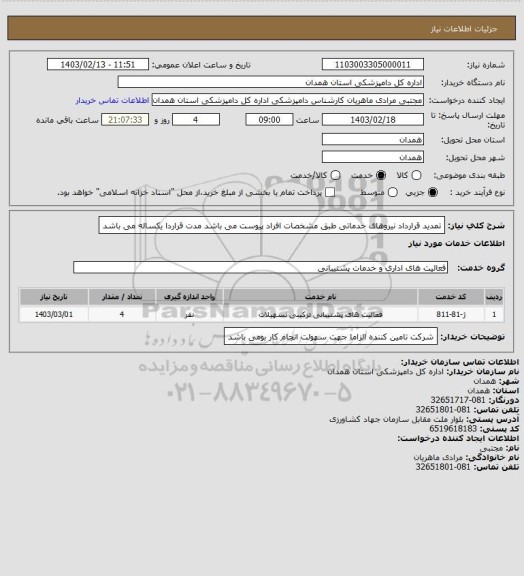 استعلام تمدید قرارداد نیروهای خدماتی طبق مشخصات افراد پیوست می باشد مدت قراردا یکساله می باشد