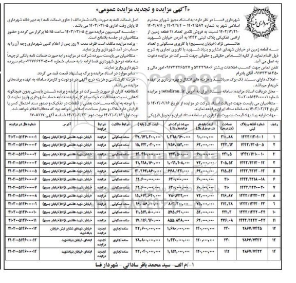 مزایده فروش نقدی تعداد 11 قطعه زمین با کاربری مسکونی و تجاری 