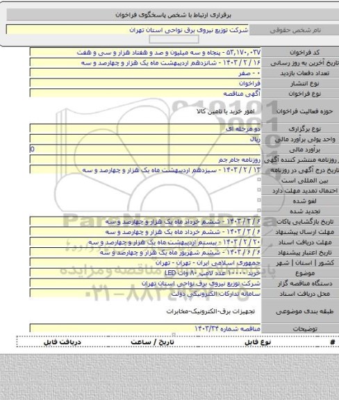 مناقصه, خرید ۱۰۰۰۰ عدد  لامپ ۸۰ وات LED