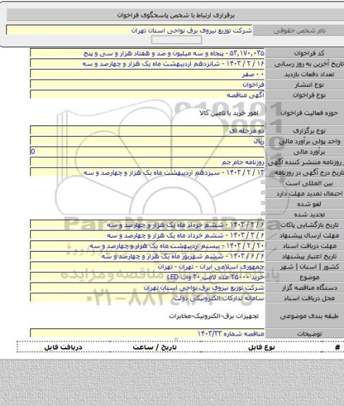 مناقصه, خرید  ۲۵۰۰۰  عدد  لامپ ۳۰ وات LED