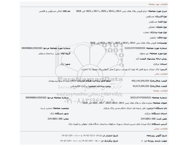 فروش پلاک های ثبتی 3814 و 3816 و 3820 و 3817 و 3822 الی 3828