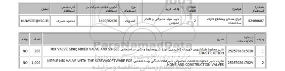 استعلام، انواع مصالح ومقاطع فلزی ساختمان