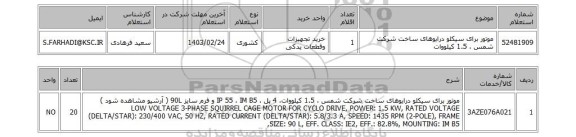 استعلام، موتور برای سیکلو درایوهای ساخت شرکت شمس ، 1.5 کیلووات