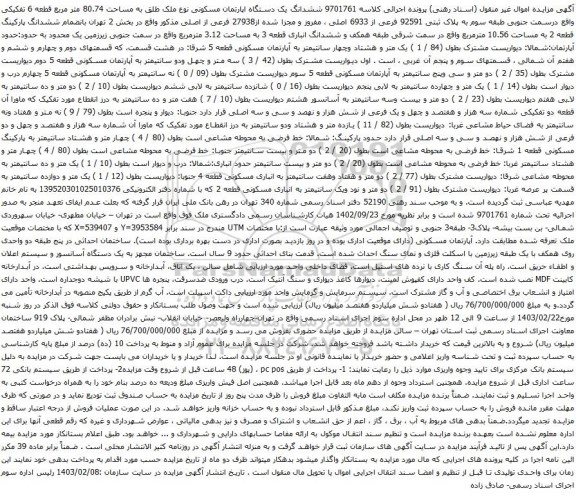 آگهی مزایده ششدانگ یک دستگاه اپارتمان مسکونی نوع ملک طلق به مساحت 80.74 متر مربع قطعه 6 تفکیکی