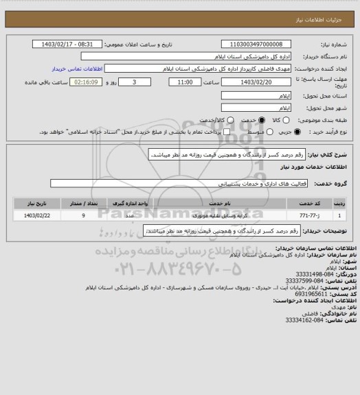 استعلام رقم درصد کسر از رانندگان و همچنین قیمت روزانه مد نظر میباشد.