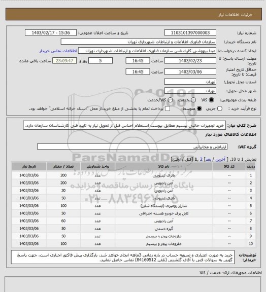 استعلام خرید تجهیزات جانبی بیسیم مطابق پیوست استعلام
اجناس قبل از تحویل نیاز به تایید فنی کارشناسان سازمان دارد.