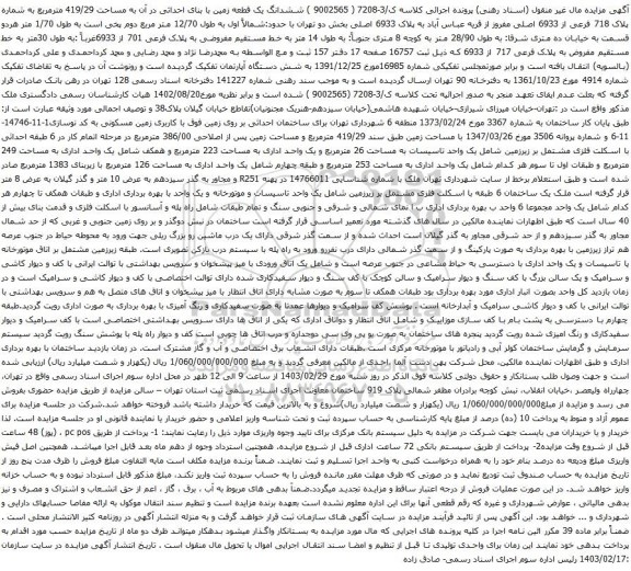 آگهی مزایده  ششدانگ یک قطعه زمین با بنای احداثی در آن به مساحت 419/29 مترمربع به شماره پلاک 718 فرعی از 6933 اصلی