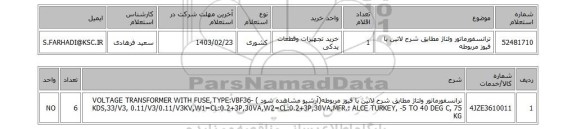 استعلام، ترانسفورماتور ولتاژ مطابق شرح لاتین با فیوز مربوطه