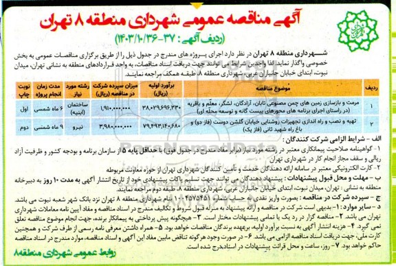 مناقصه مرمت و بازسازی زمین های چمن مصنوعی و ...