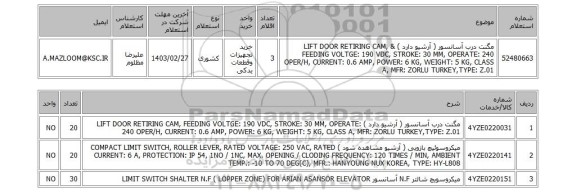 استعلام، مگنت درب آسانسور ( آرشیو دارد ) & LIFT DOOR RETIRING CAM, FEEDING VOLTGE: 190 VDC, STROKE: 30 MM, OPERATE: 240 OPER/H, CURRENT: 0.6 AMP, POWER: 6 KG, WEIGHT: 5 KG, CLASS A, MFR: ZORLU TURKEY,TYPE: Z.01