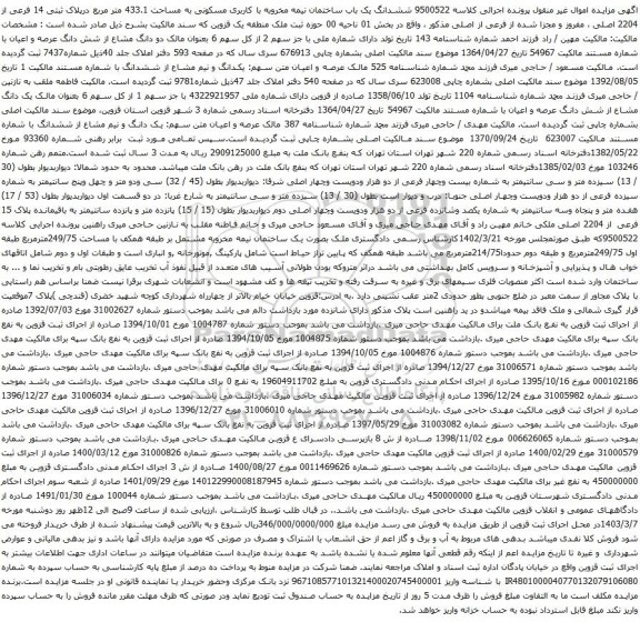 آگهی مزایده ششدانگ یک باب ساختمان نیمه مخروبه با کاربری مسکونی به مساحت 433.1 متر مربع درپلاک ثبتی 14 فرعی از 2204 اصلی