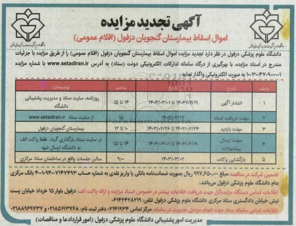 تجدید مزایده امول اسقاط بیمارستان گنجویان 