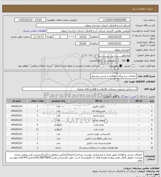 استعلام اتصالات و شیرآلات فولادی و چدنی-نیشابور