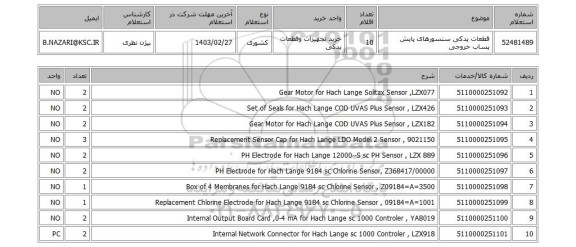 استعلام،  قطعات یدکی سنسورهای پایش پساب خروجی