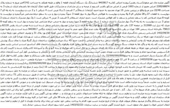 آگهی مزایده  ششدانگ یک دستگاه آپارتمان قطعه 1 واقع در طبقه همکف به مساحت 47/42متر مربع به شماره پلاک 2395/68874 اصلی 