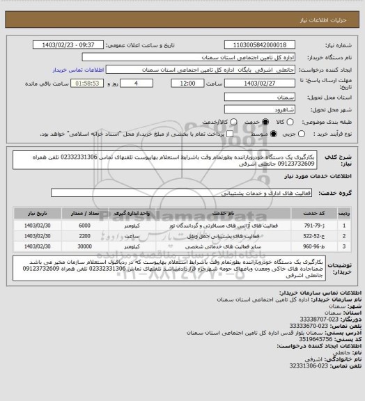 استعلام بکارگیری یک دستگاه خودروباراننده بطورتمام وقت باشرایط استعلام بهاپیوست تلفنهای تماس 02332331306 تلفن همراه 09123732609 جانعلی اشرفی